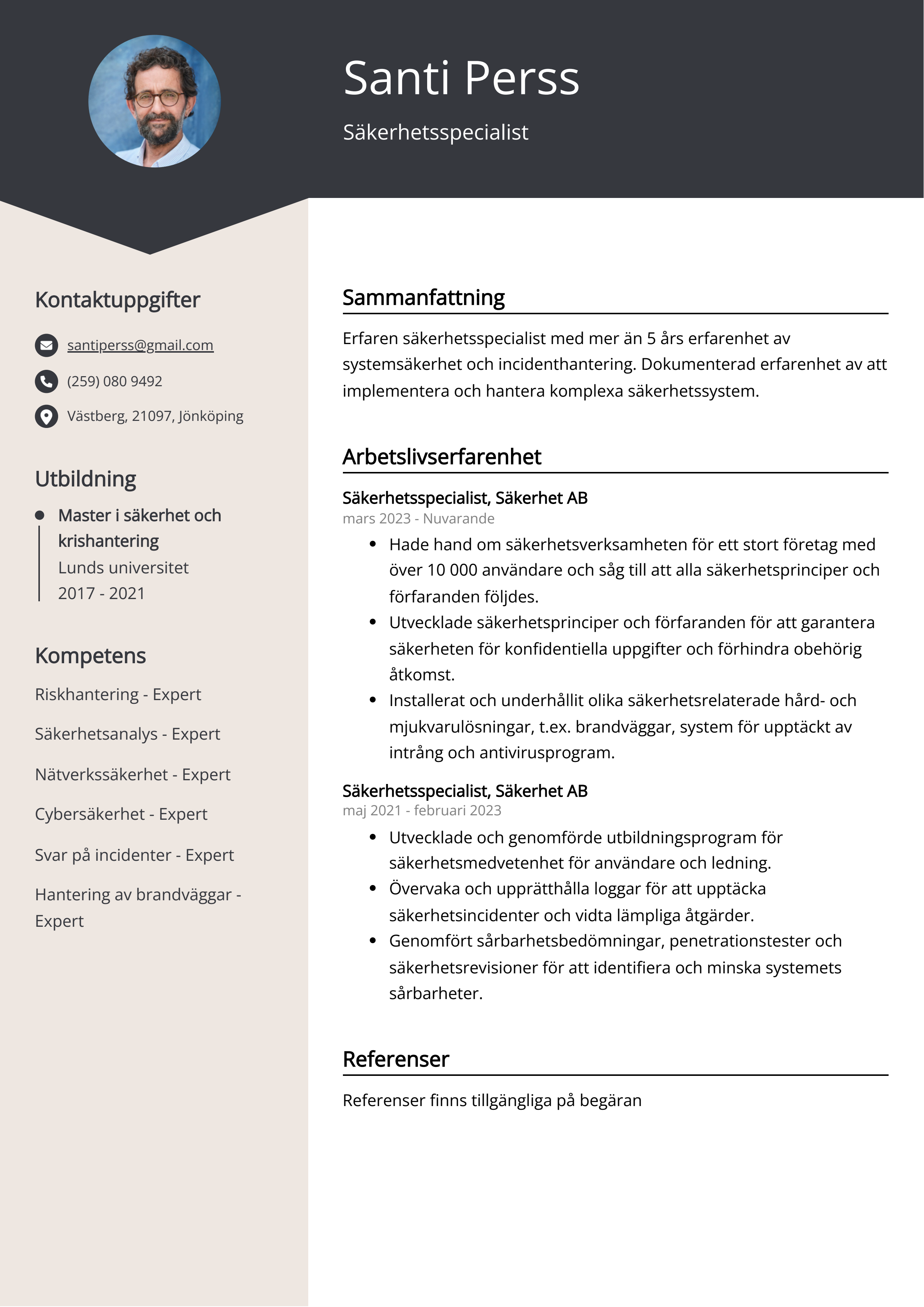 Säkerhetsspecialist CV Exempel