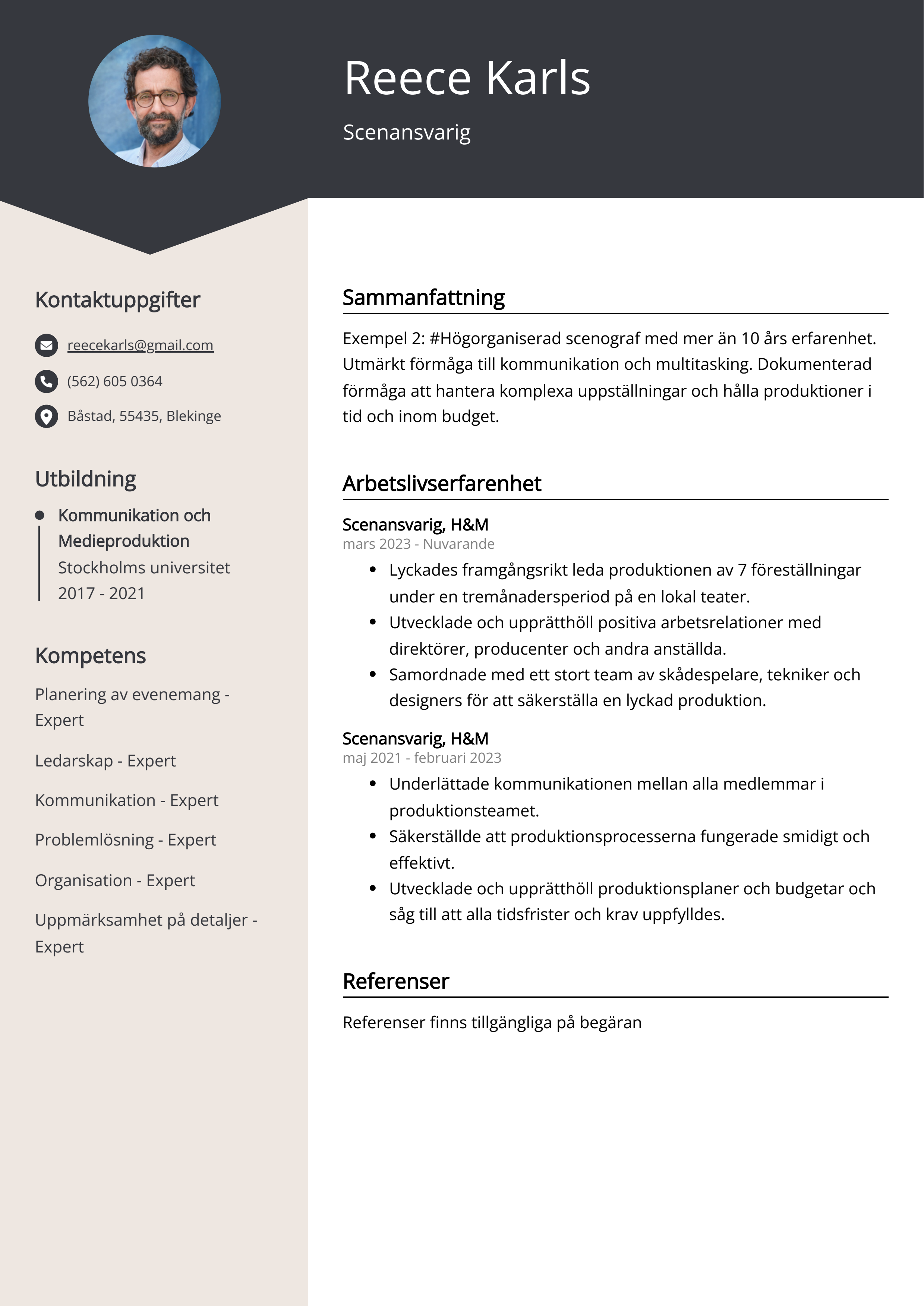 Scenansvarig CV Exempel