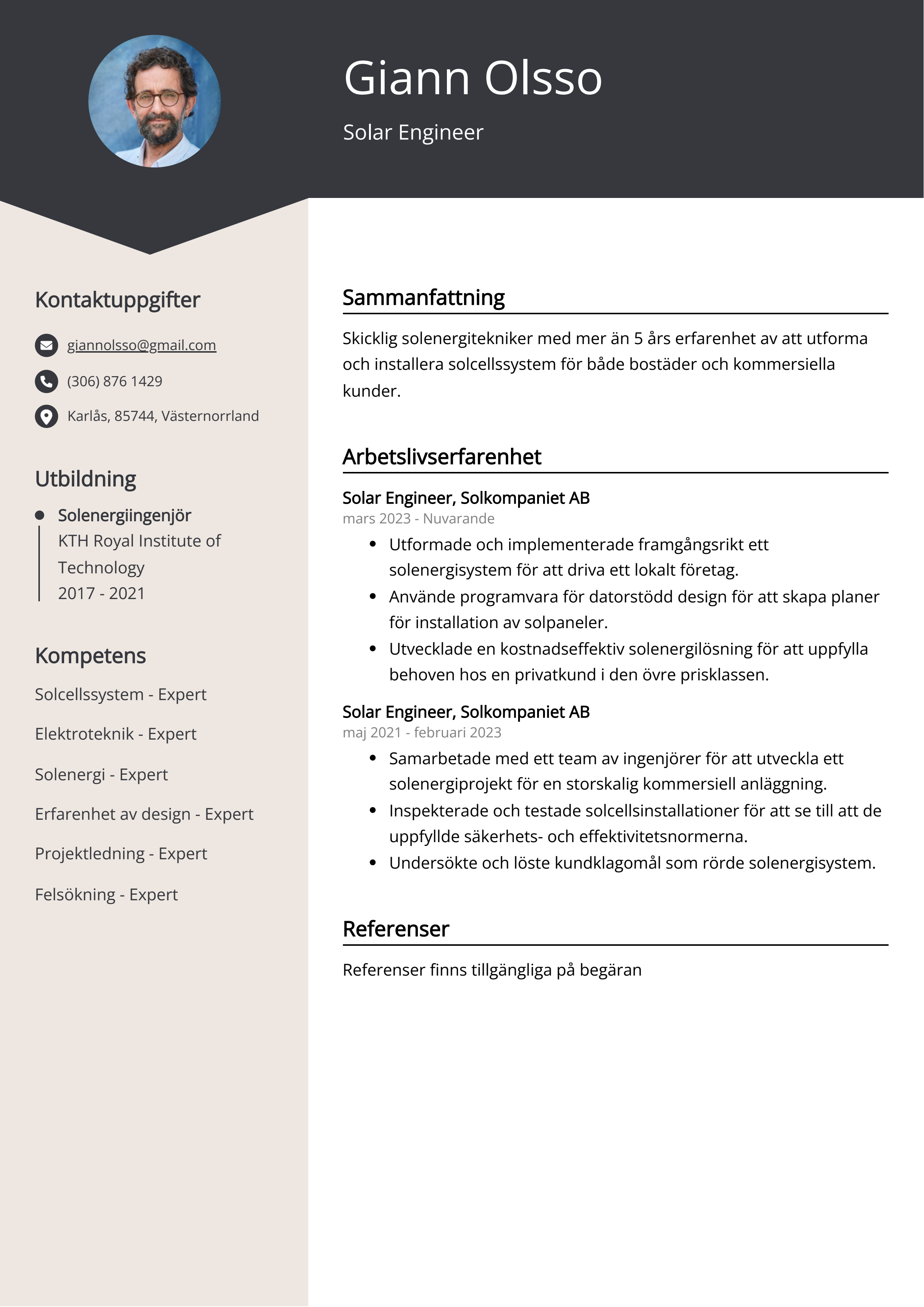 Solar Engineer Exempel på CV