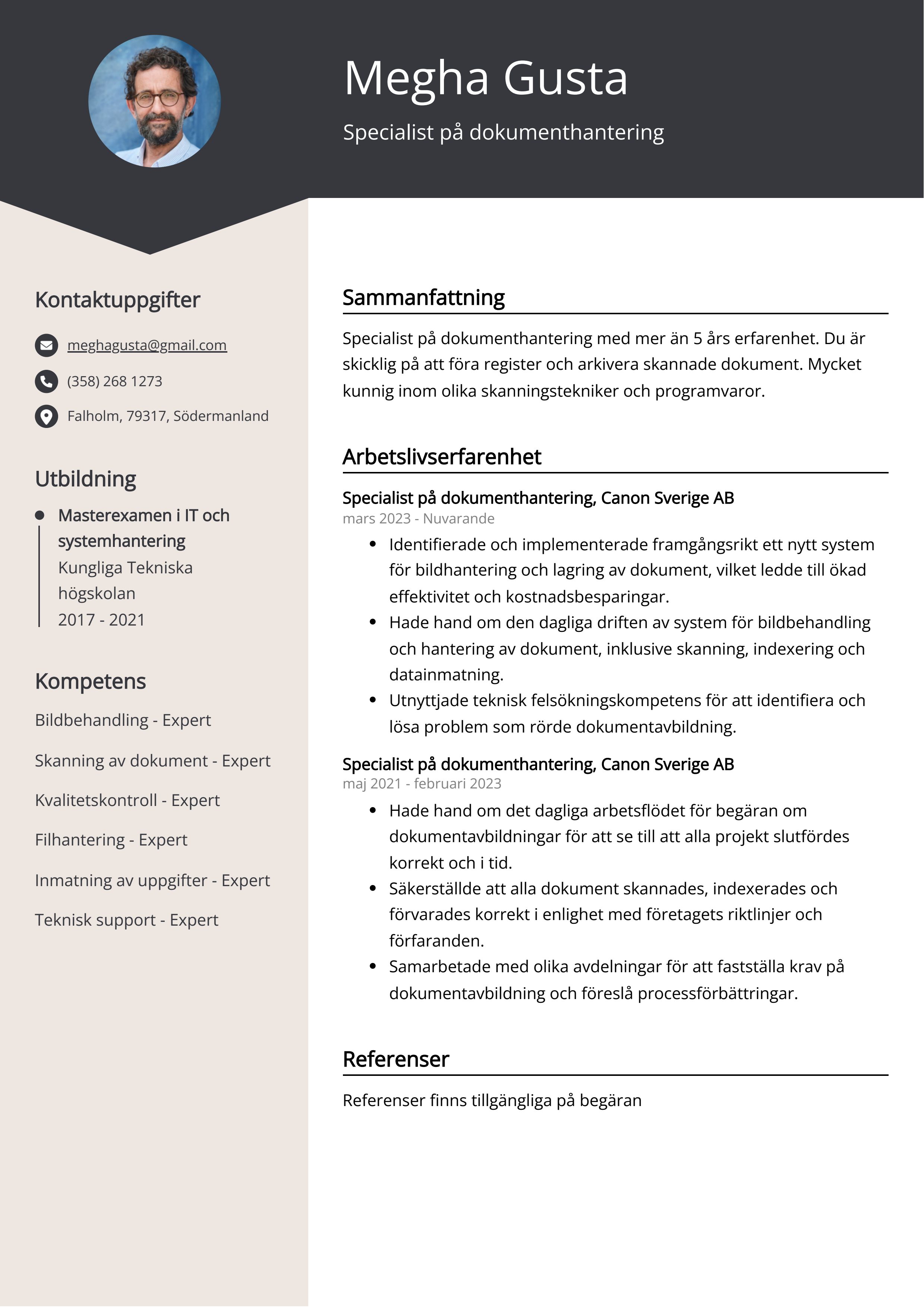 Specialist på dokumenthantering CV Exempel