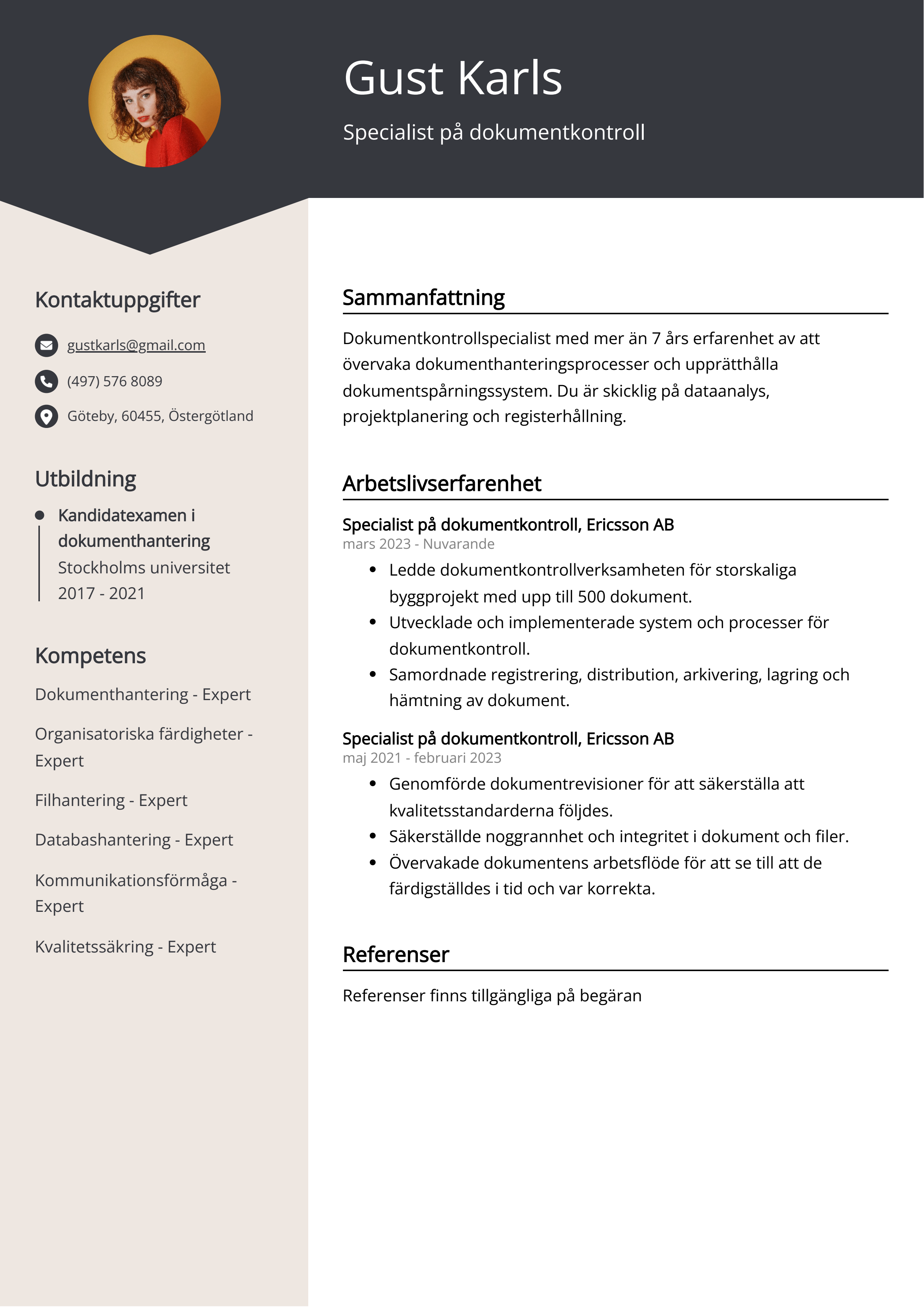 Specialist på dokumentkontroll CV Exempel