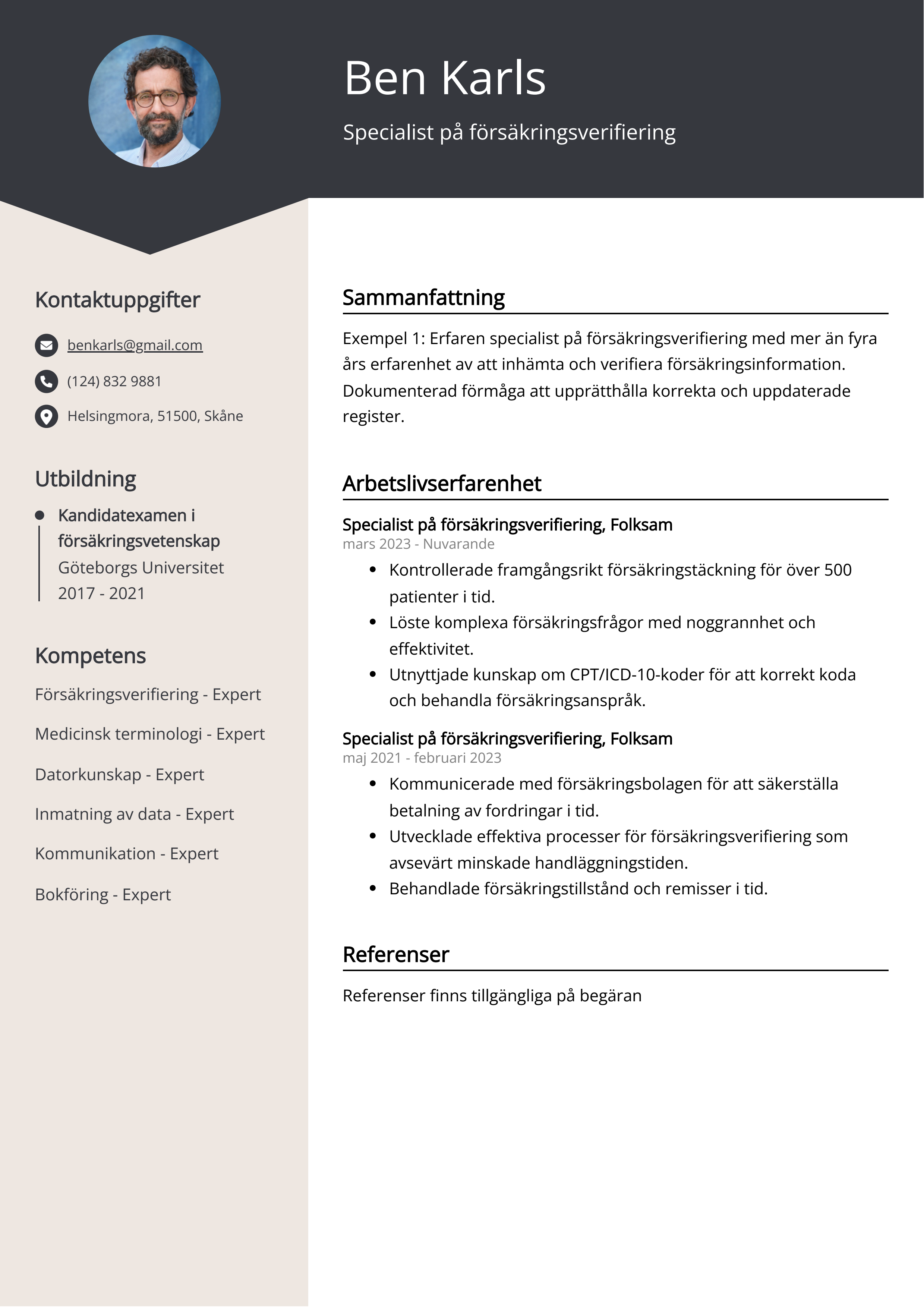 Specialist på försäkringsverifiering CV Exempel