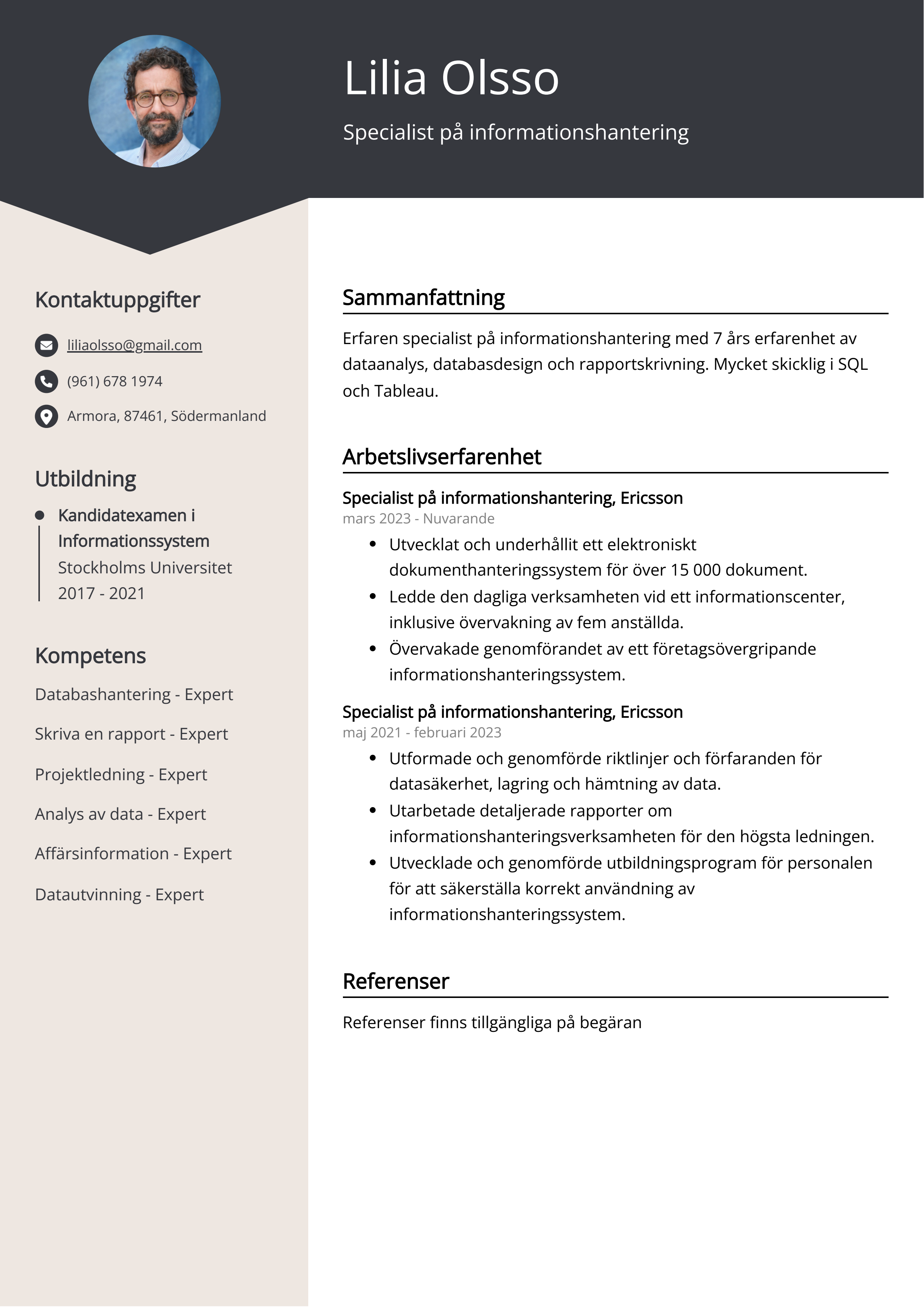 Specialist på informationshantering CV Exempel