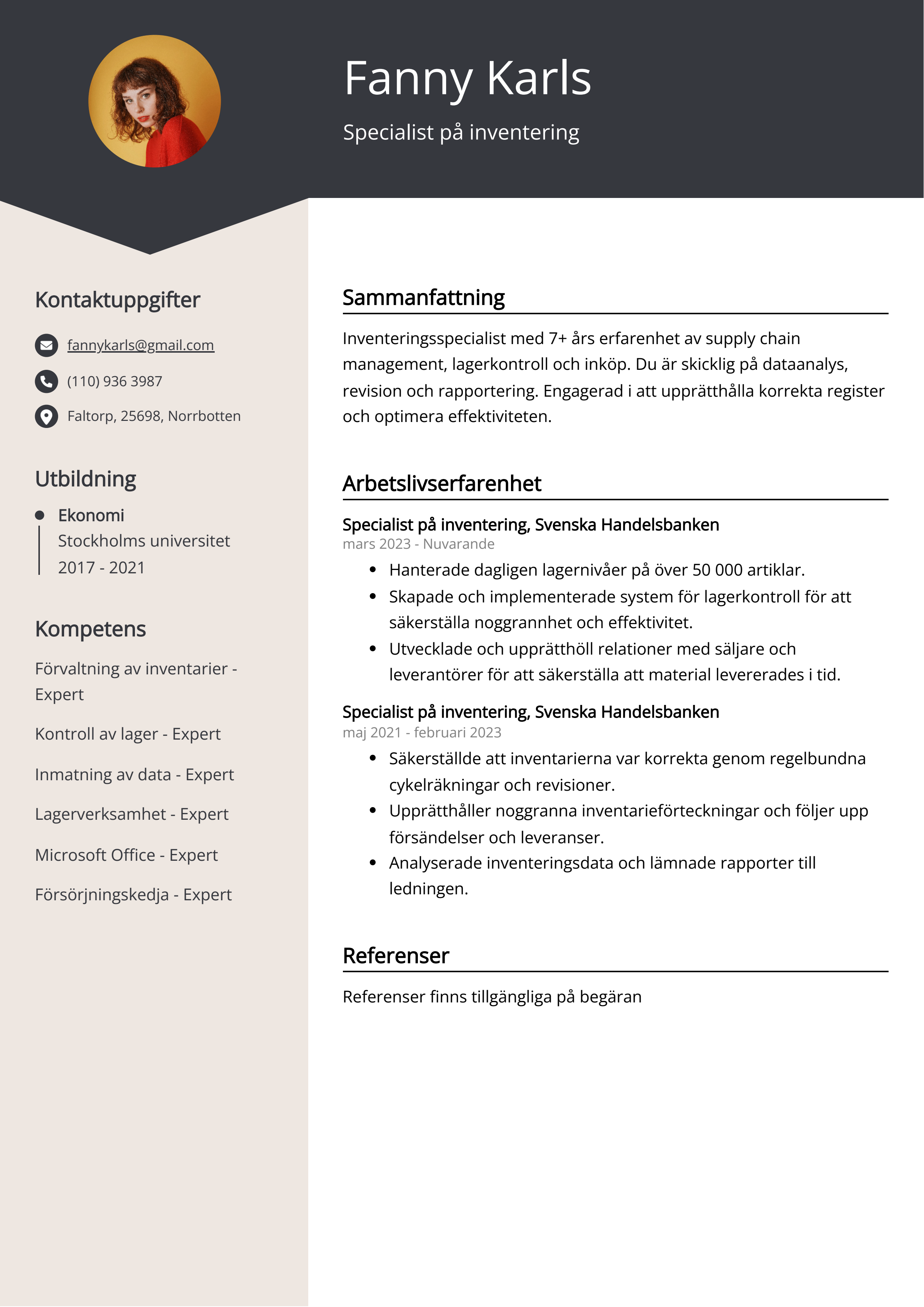 Specialist på inventering CV Exempel