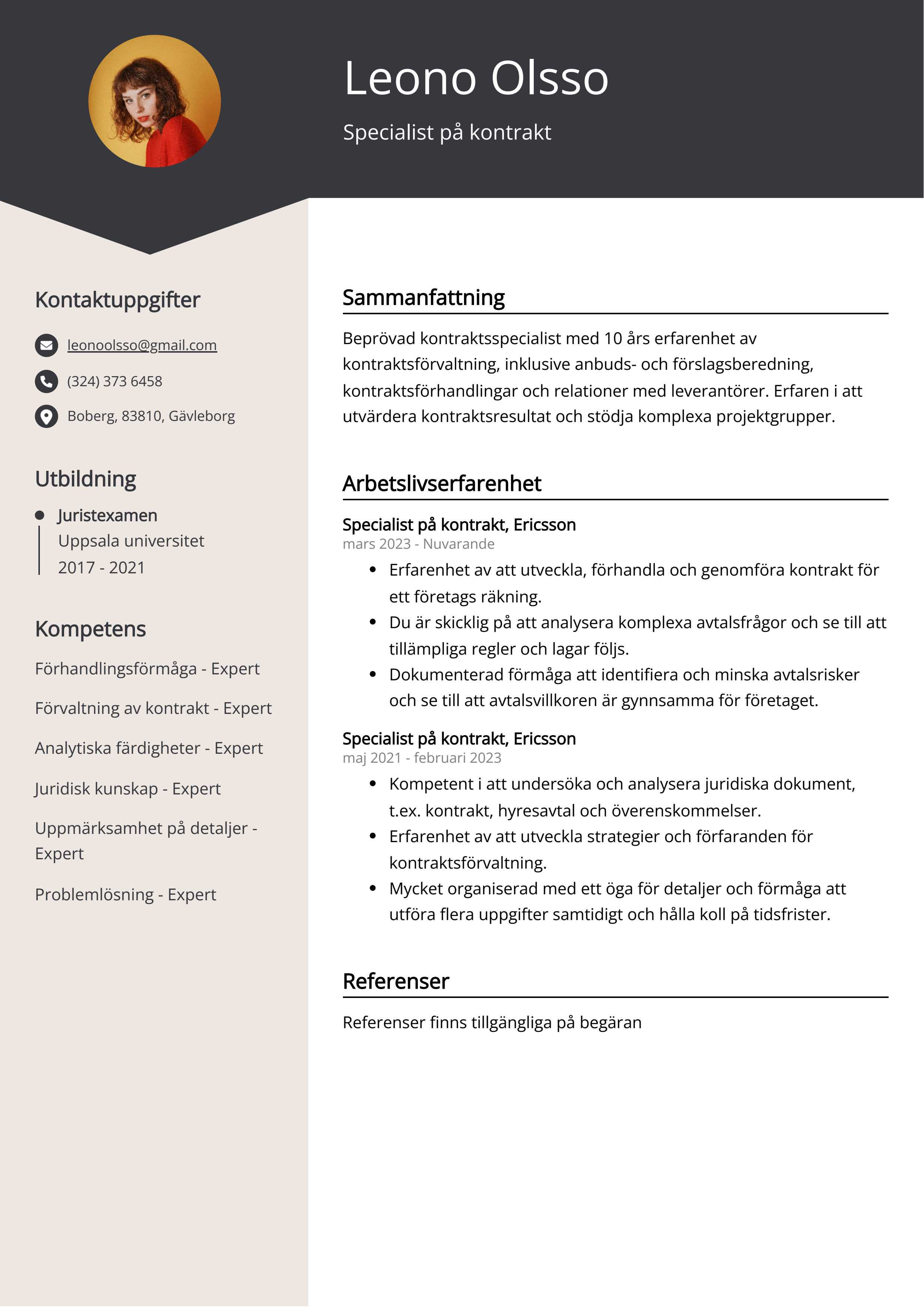 Specialist på kontrakt CV Exempel