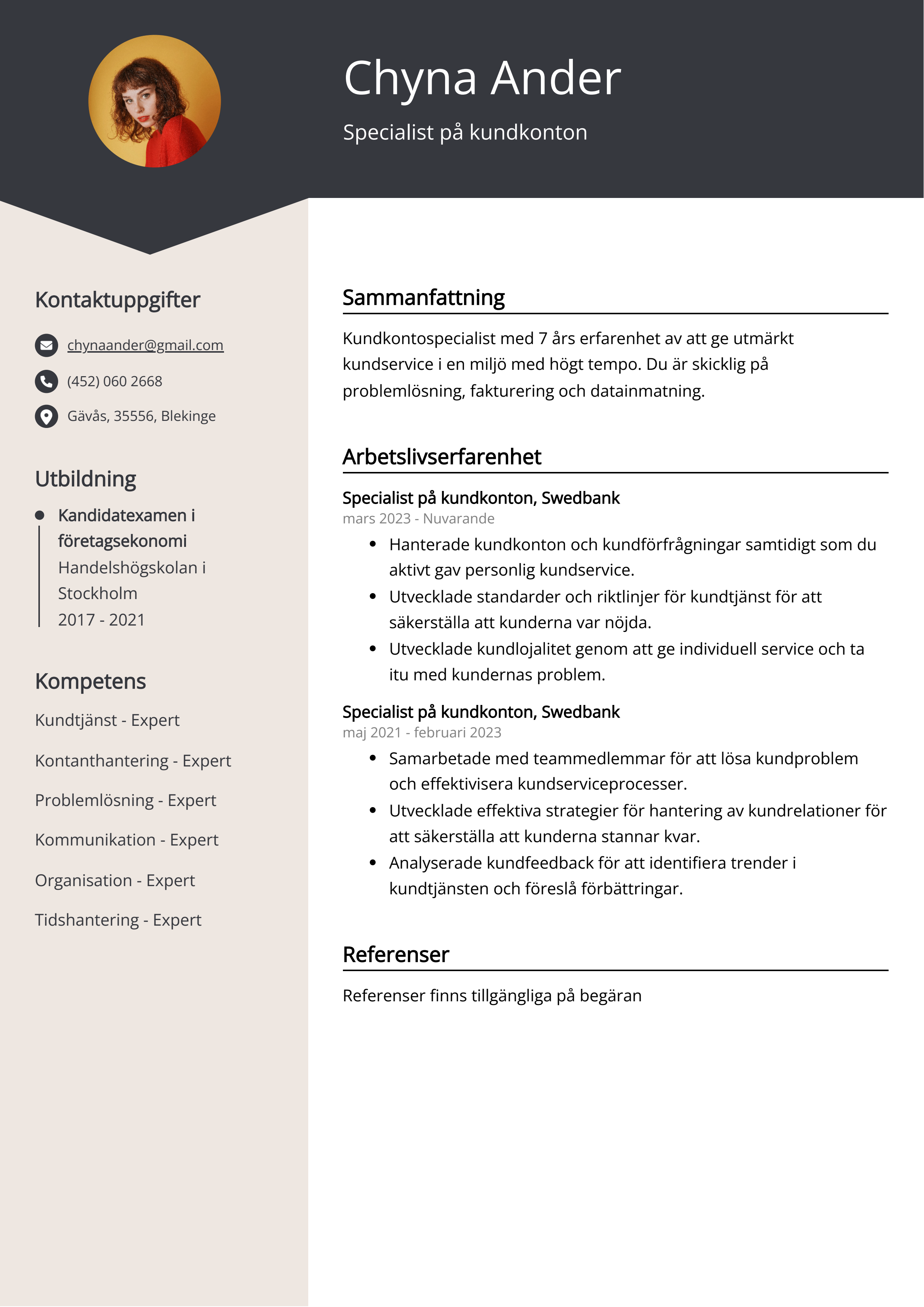 Specialist på kundkonton CV Exempel