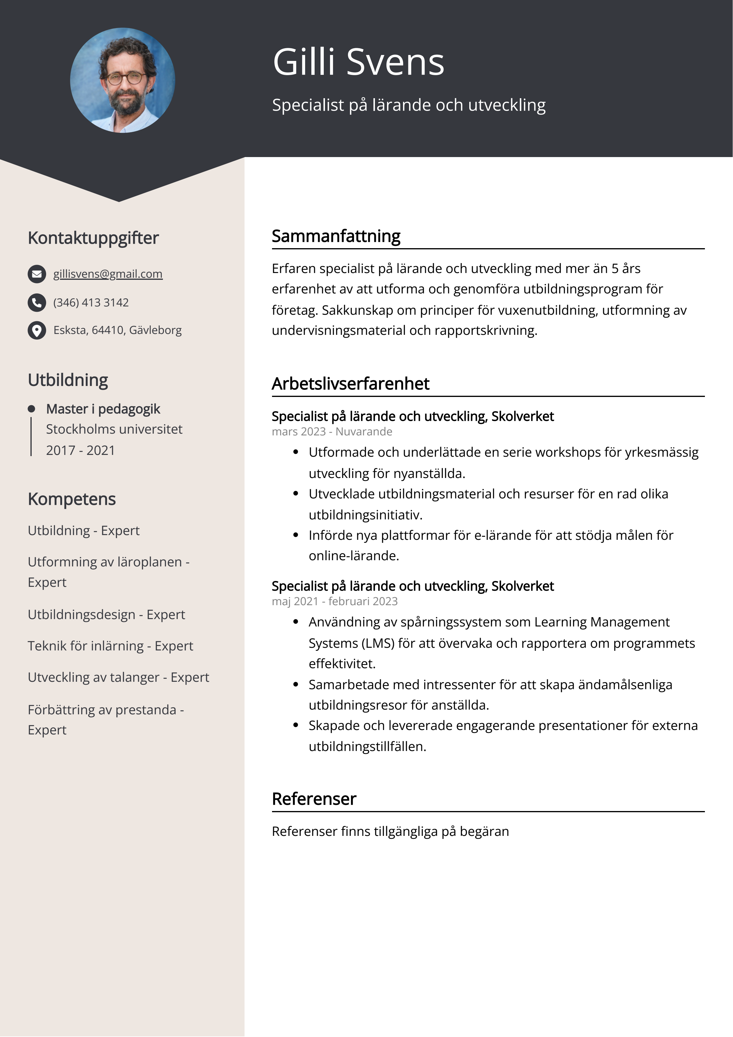 Specialist på lärande och utveckling CV Exempel