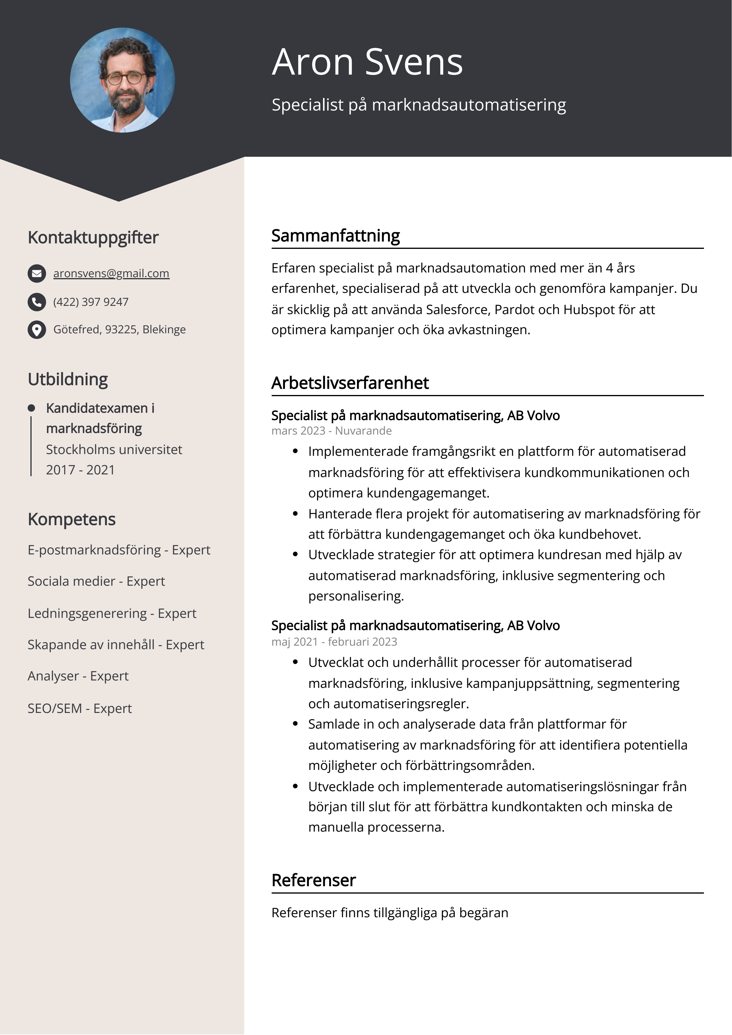 Specialist på marknadsautomatisering CV Exempel