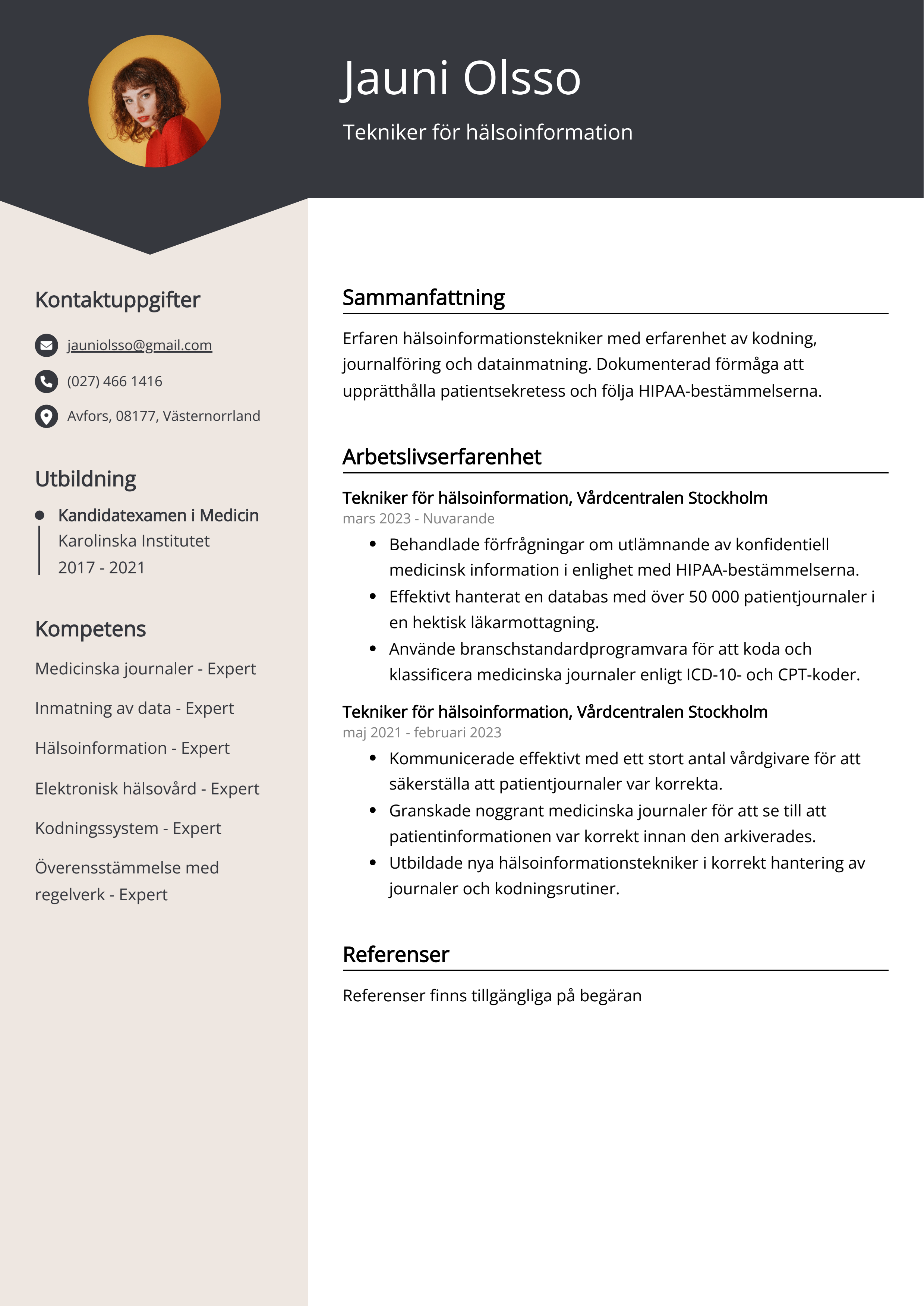 Tekniker för hälsoinformation CV Exempel