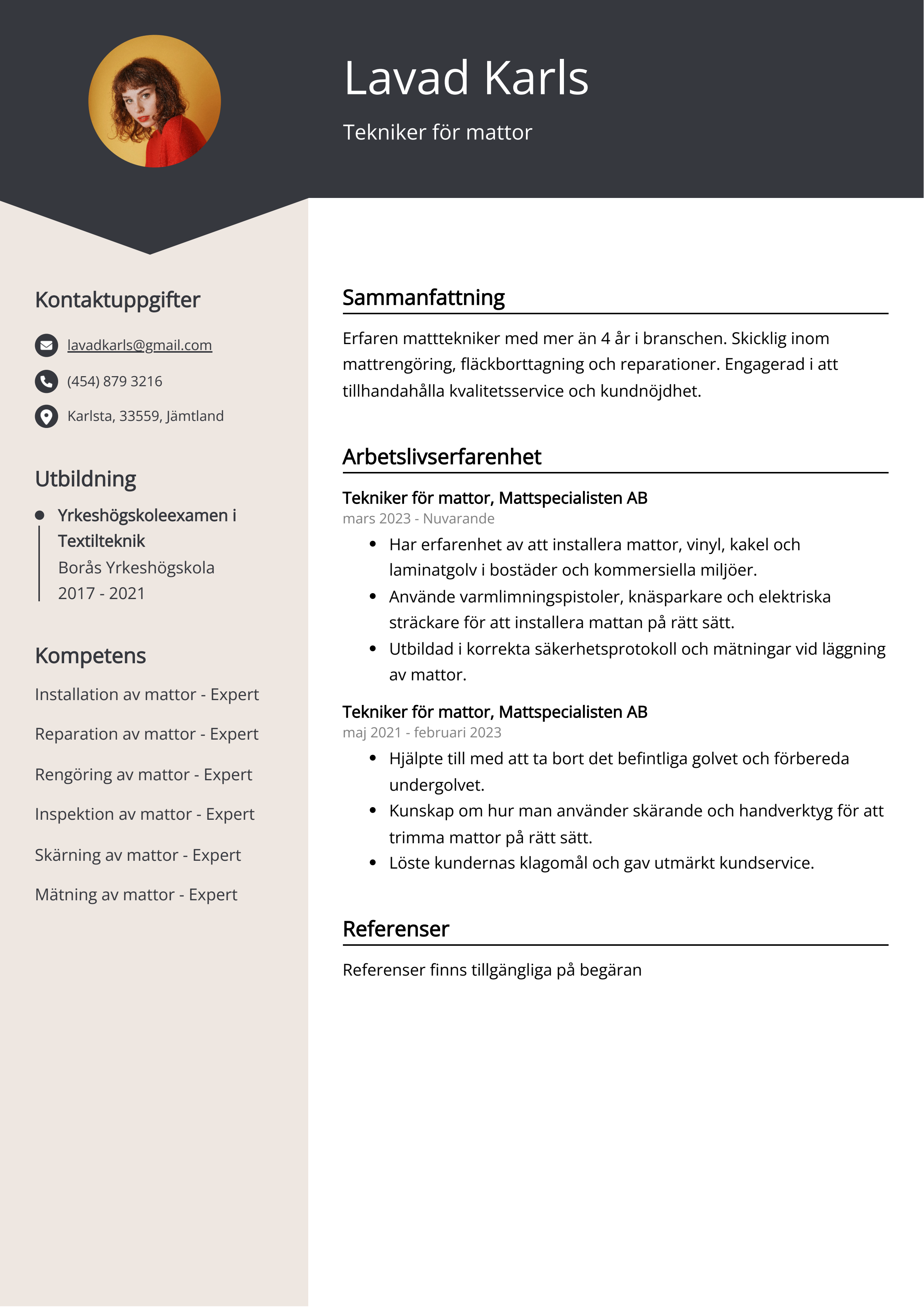 Tekniker för mattor CV Exempel