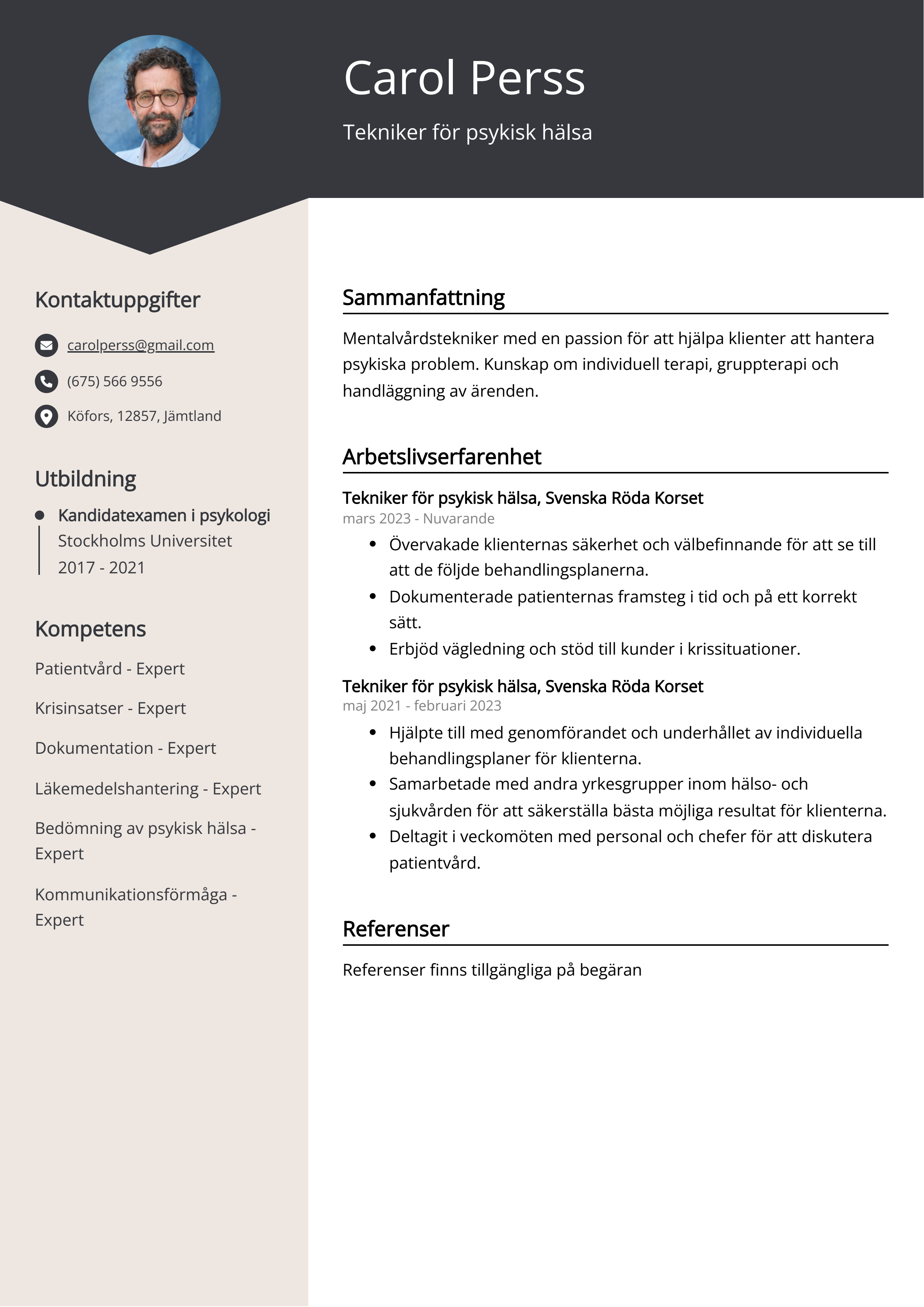 Tekniker för psykisk hälsa Resumé Exempel