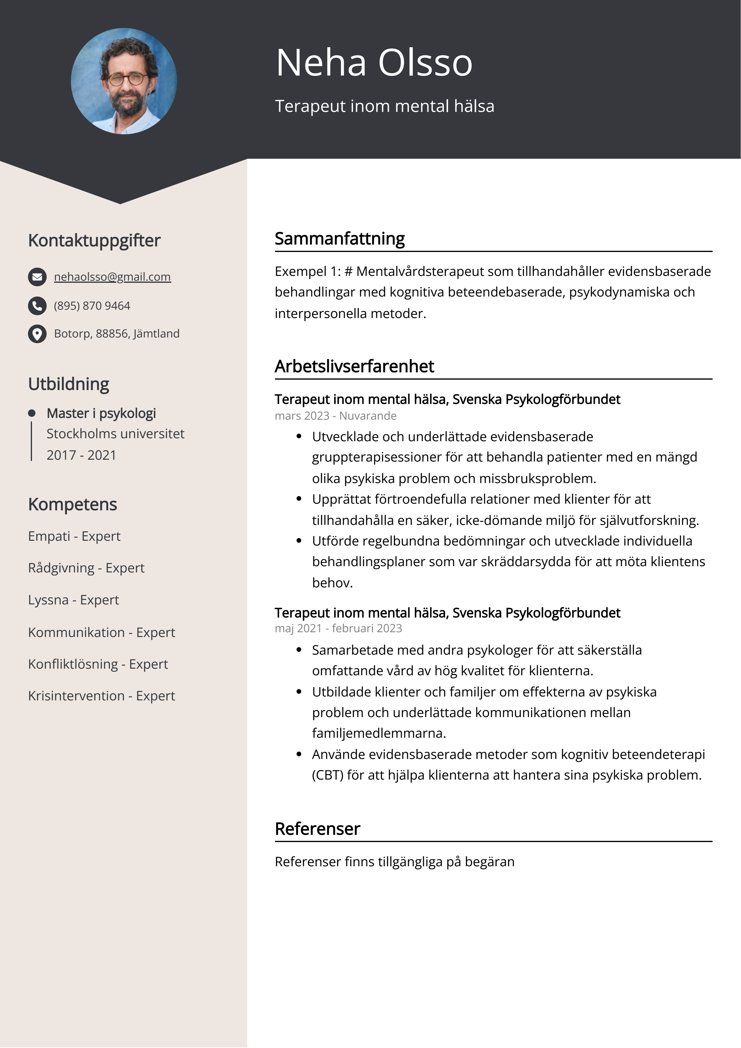 Terapeut inom mental hälsa Resumé Exempel