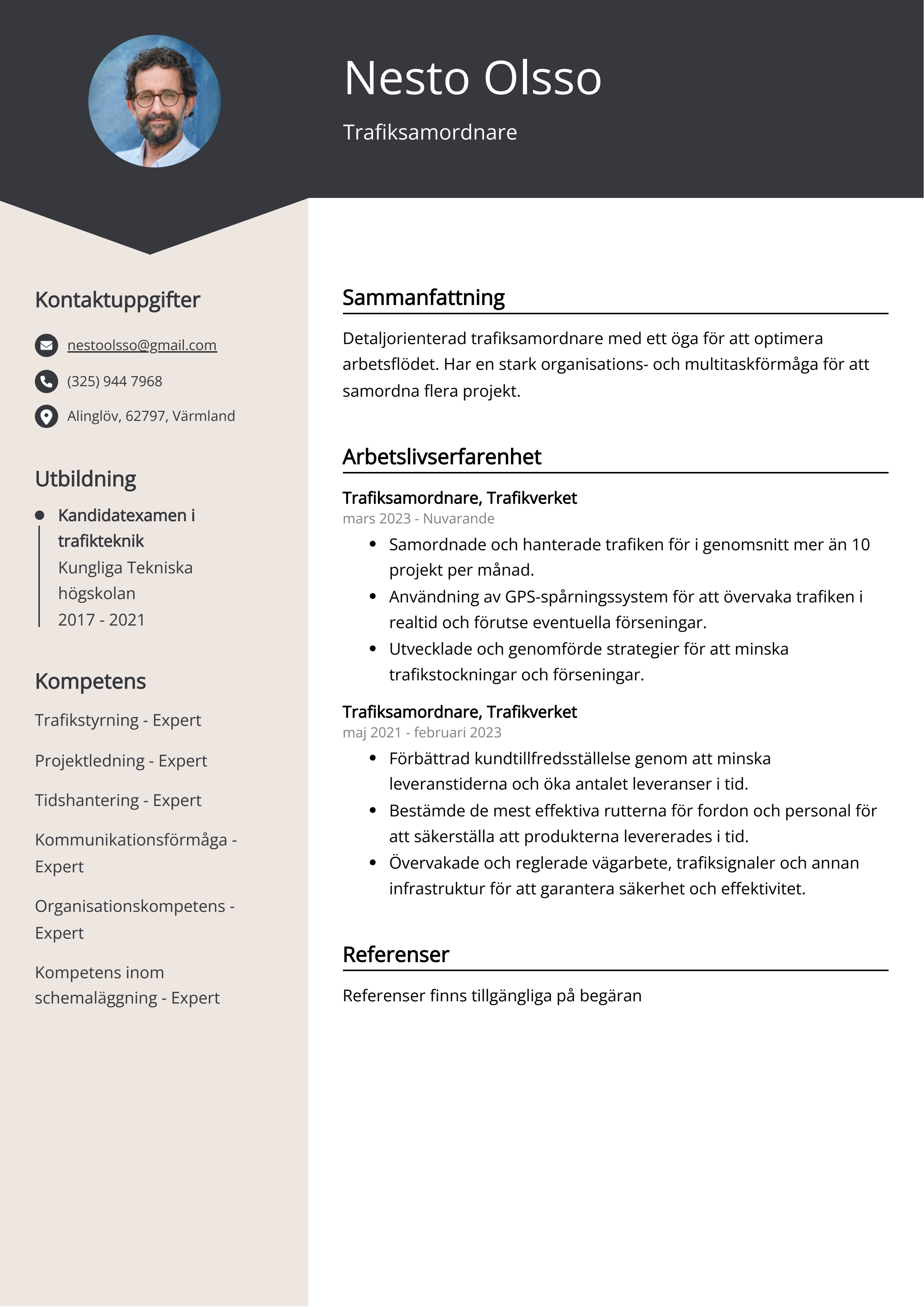 Trafiksamordnare Exempel på CV