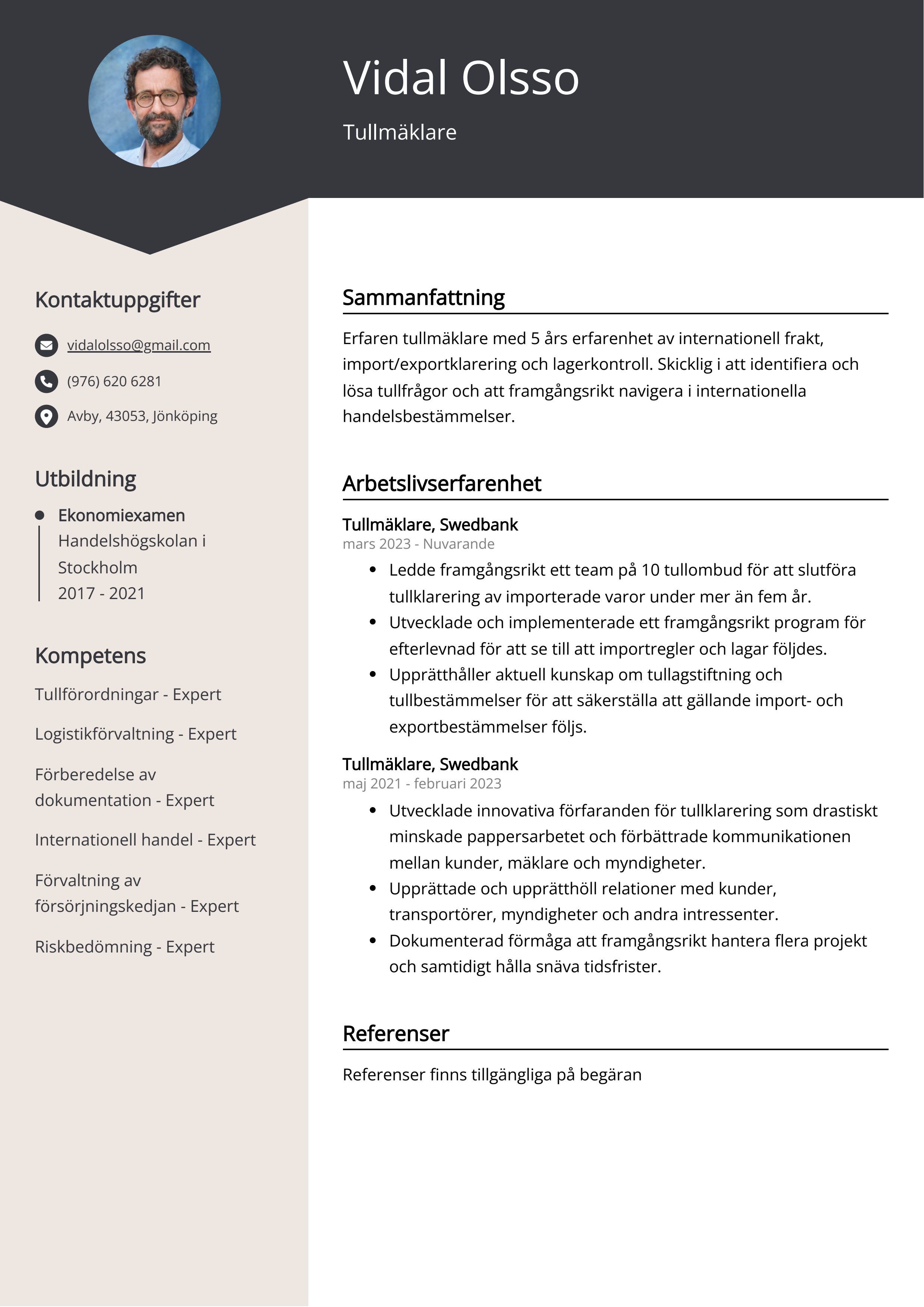 Tullmäklare Exempel på CV