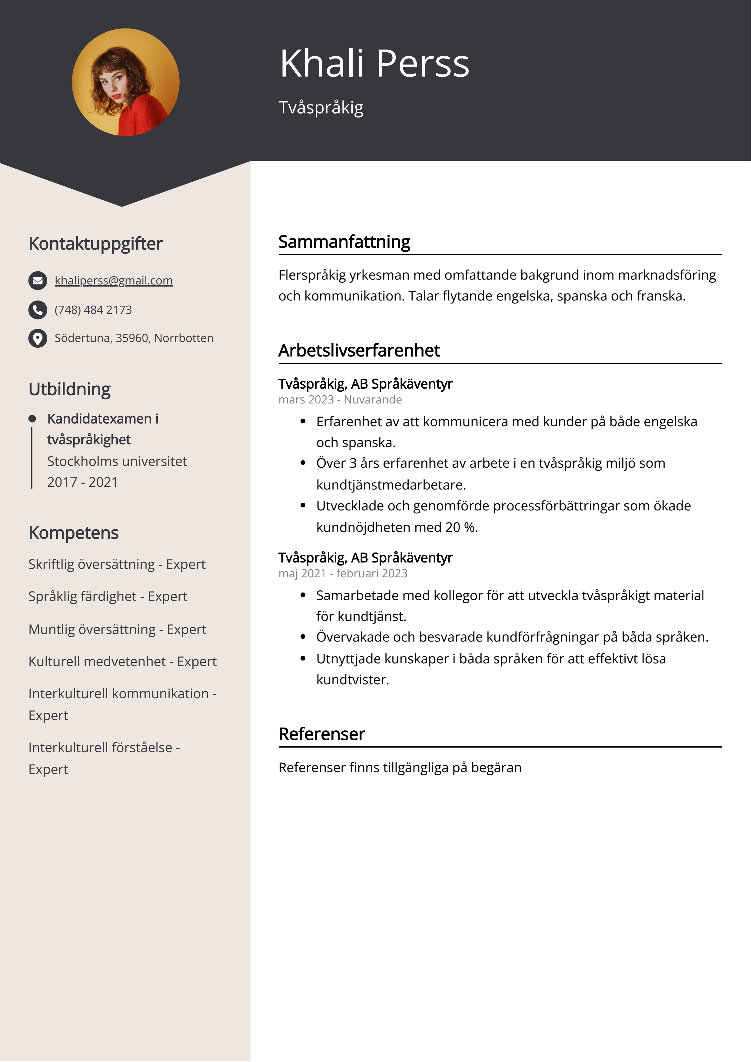 Tvåspråkig CV Exempel