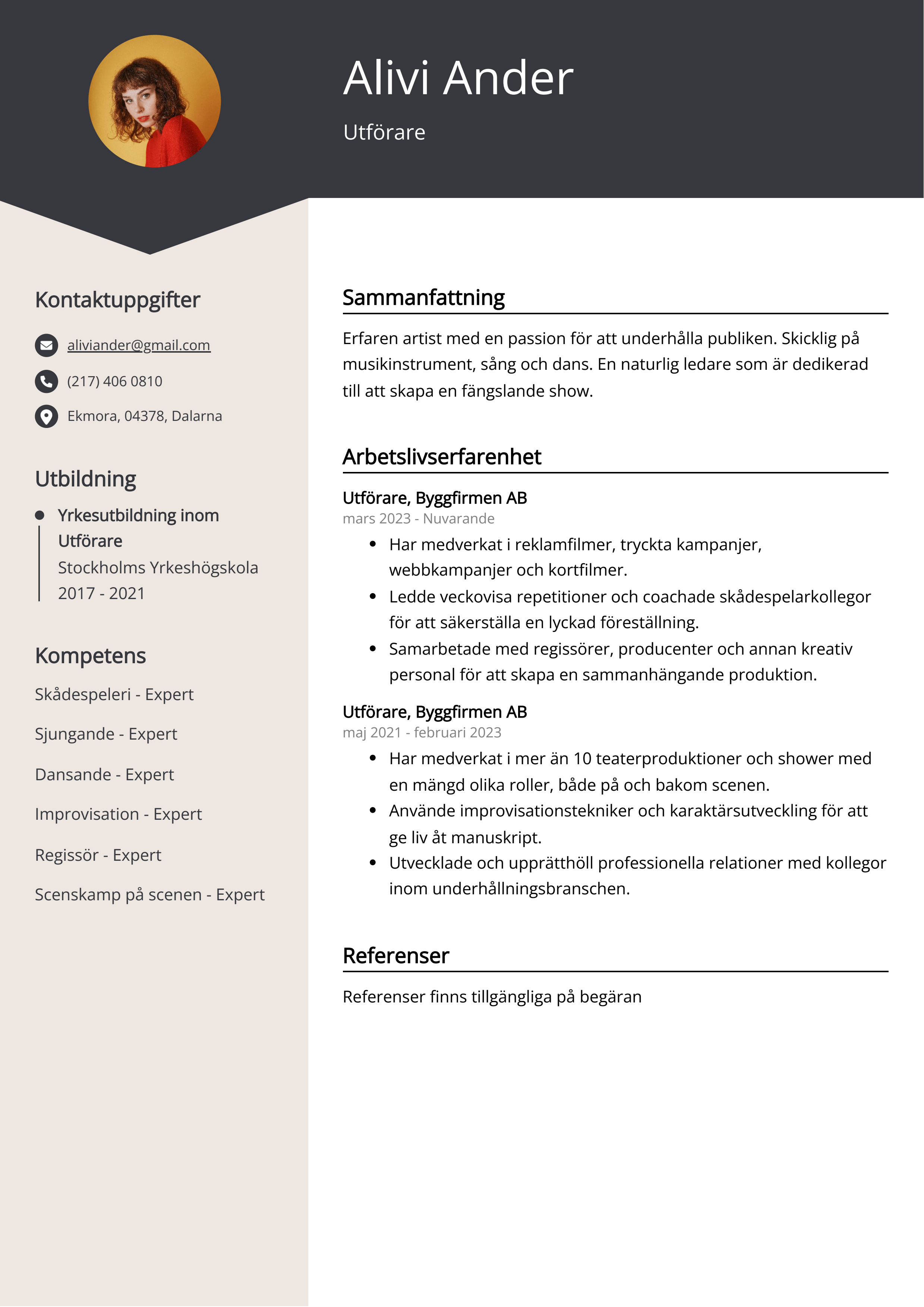 Utförare CV Exempel