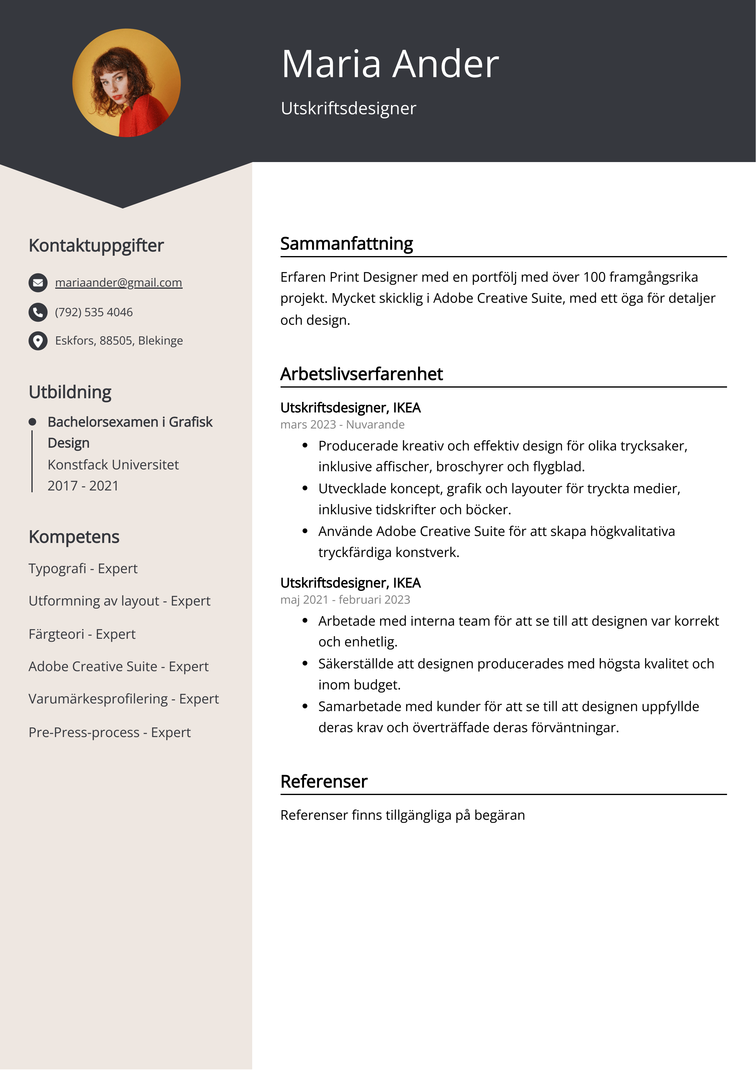 Utskriftsdesigner CV Exempel