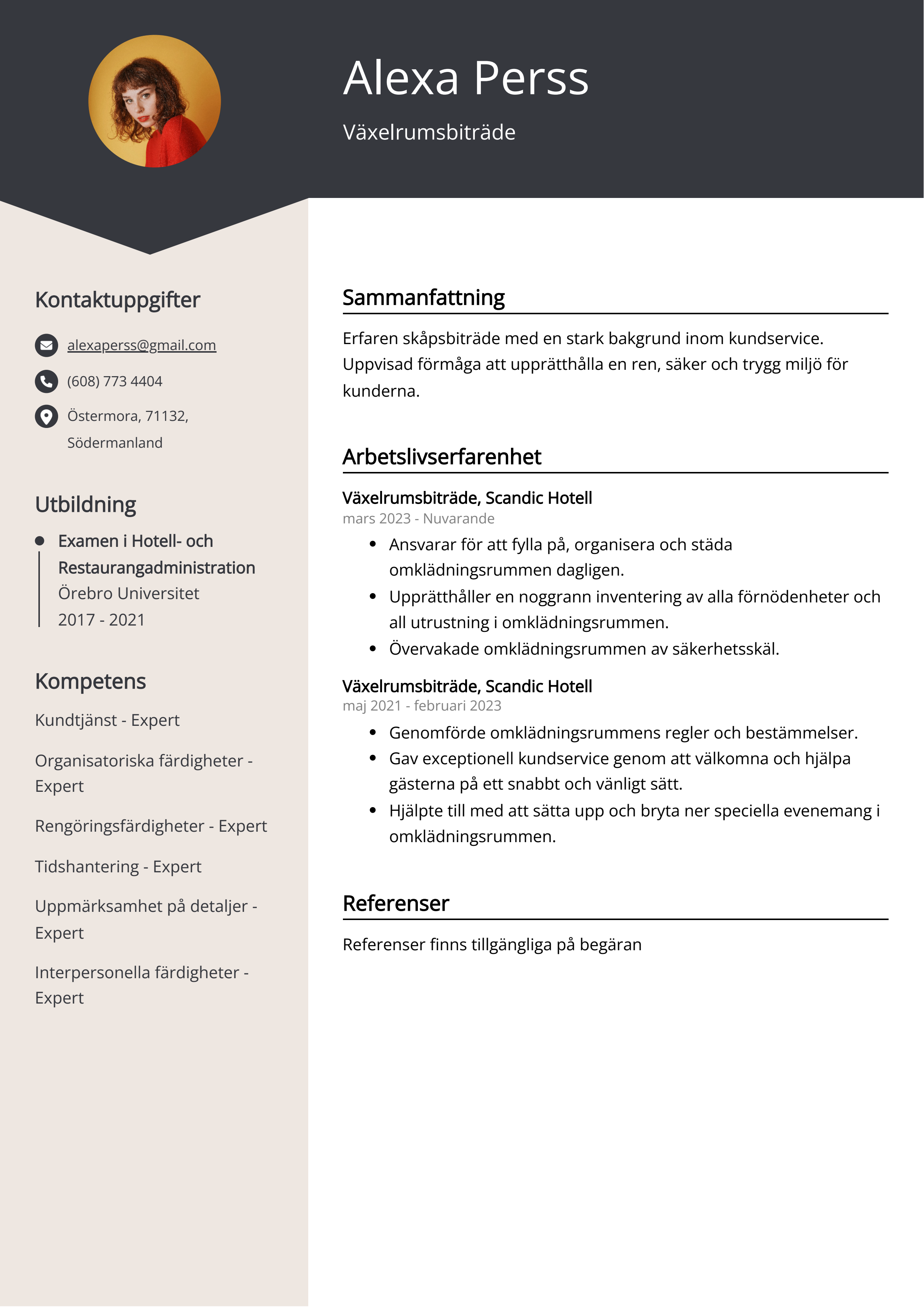 Växelrumsbiträde CV Exempel